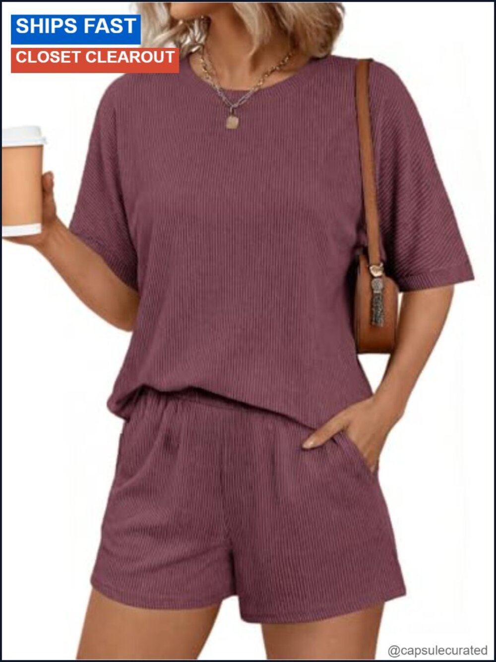 Ribbed Knit 2 Piece Lounge Set Short Sleeve Top & Shorts Loose Fit